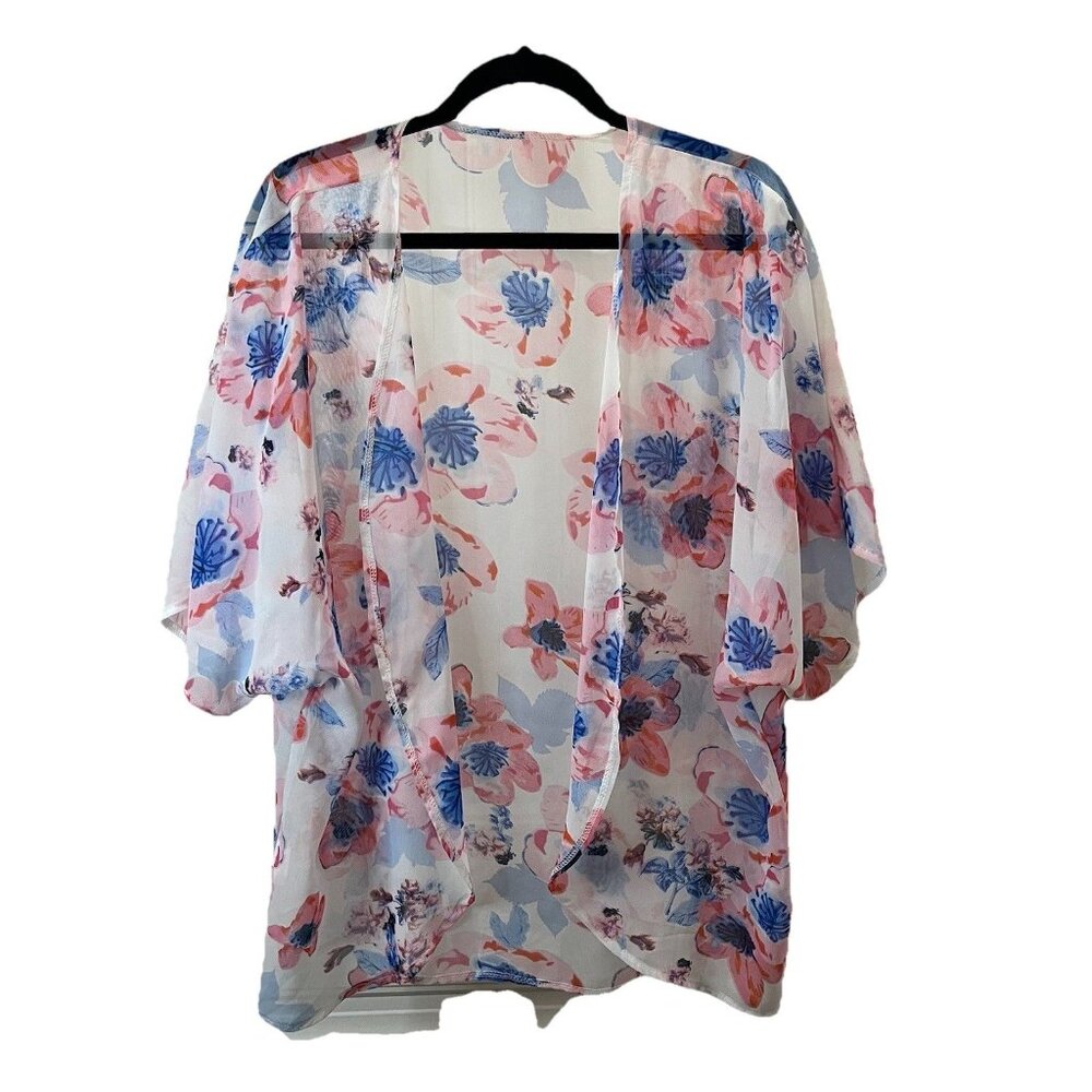 Womens White Blue Pink Floral Sheer Kimono Open Front Swim Cover Up Top Size S
